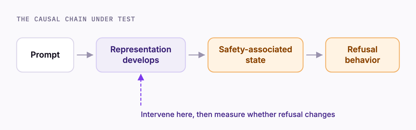 Causal chain: prompt, representation develops, safety-associated state, refusal behavior. An intervention point at the representation step tests whether altering it changes refusal.